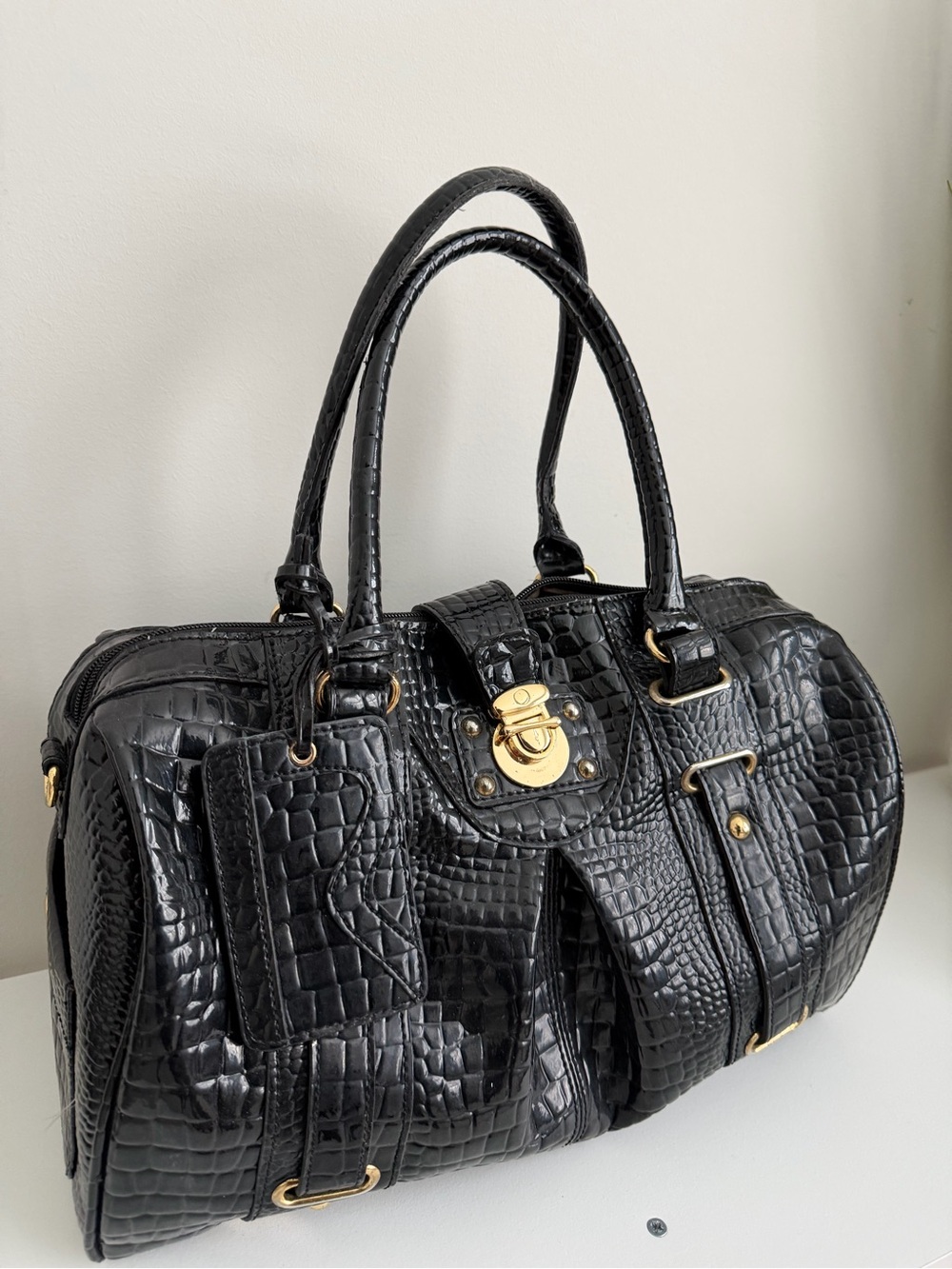 Black Croc-Embossed Satchel Medicine Doctor Handbag